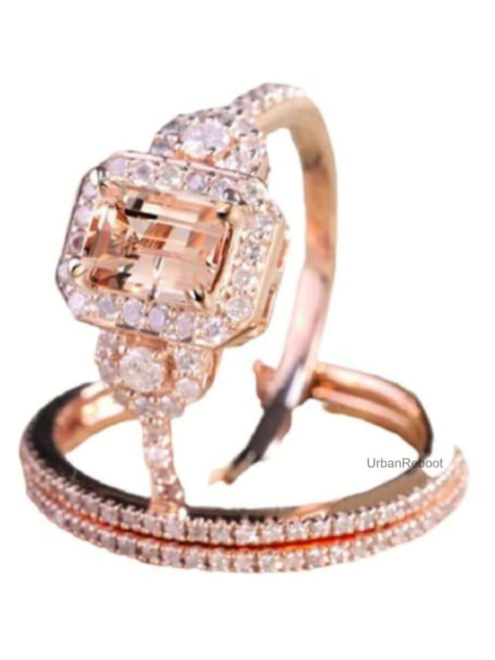 18K Rose Gold Filled Morganite Ring Engagement Bridal Set Halo Style Size 6-10